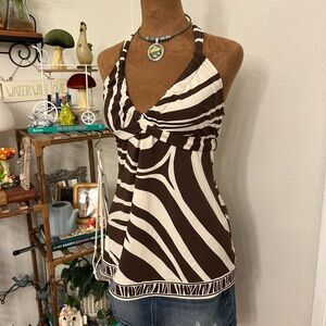Y2K BCBG Max Azria NEW Brown Zebra Print Halter Neck Top w Tie-Back Waist- Large